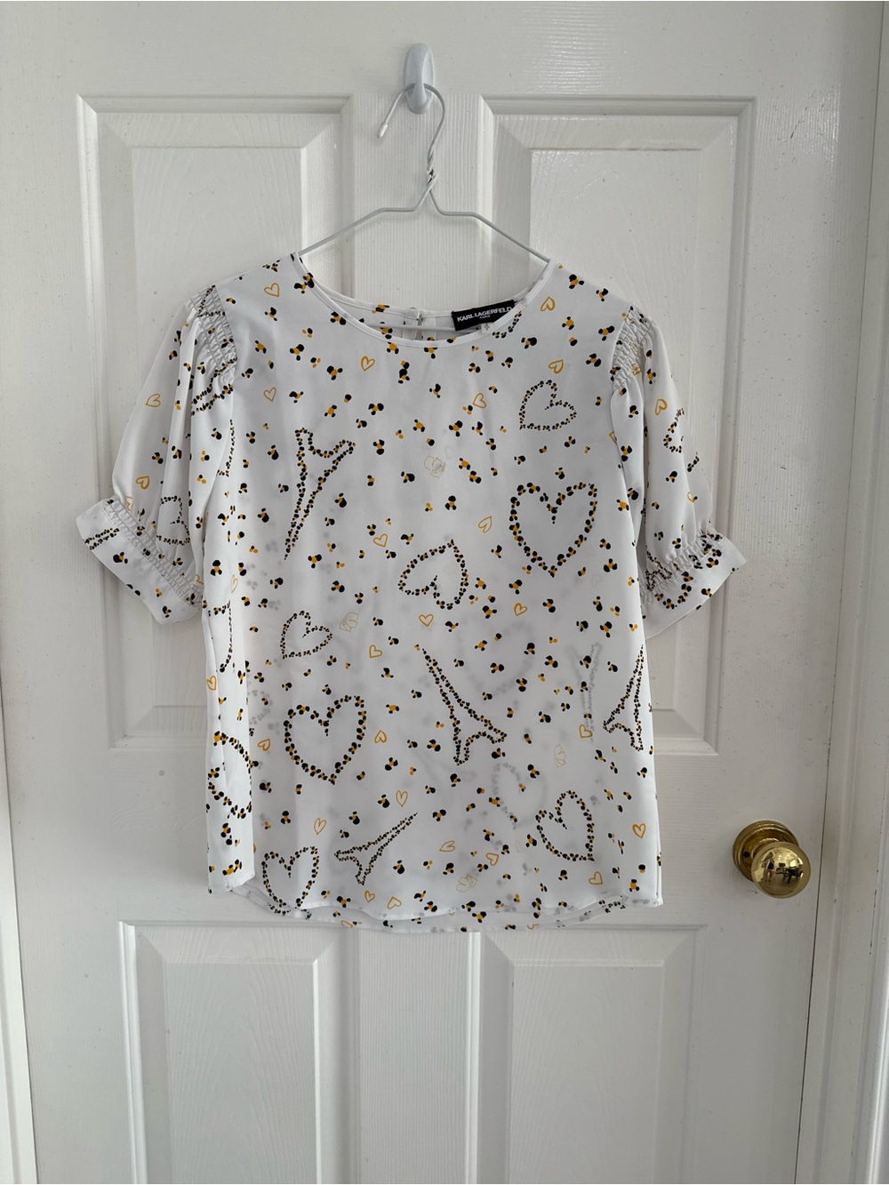 Karl Lagerfeld White Short Sleeve Blouse with Gold & Black Eiffel Heart Print
